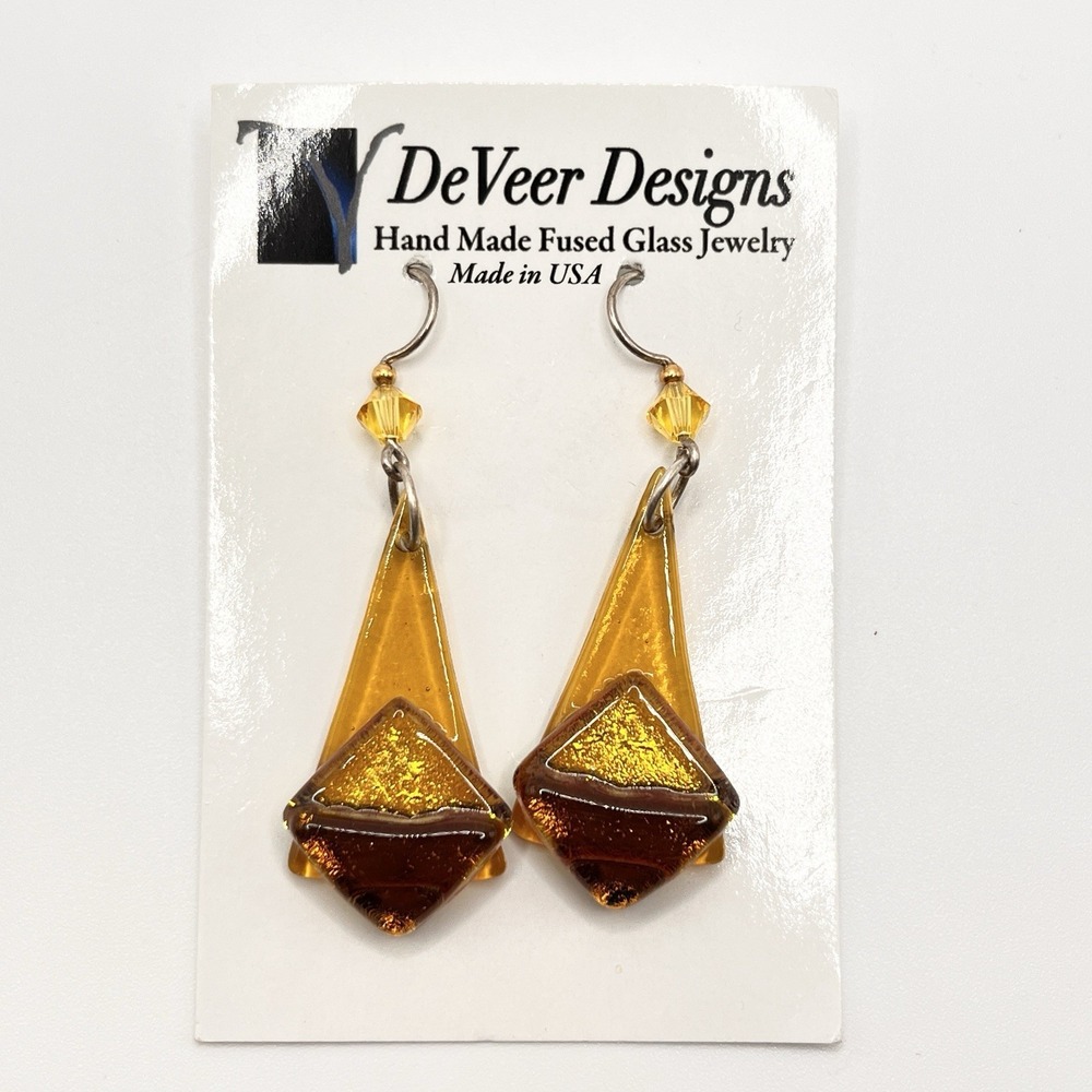 DeVeer Designs Yellow Orange Handmade in USA Fused Art Glass Dangle Earrings